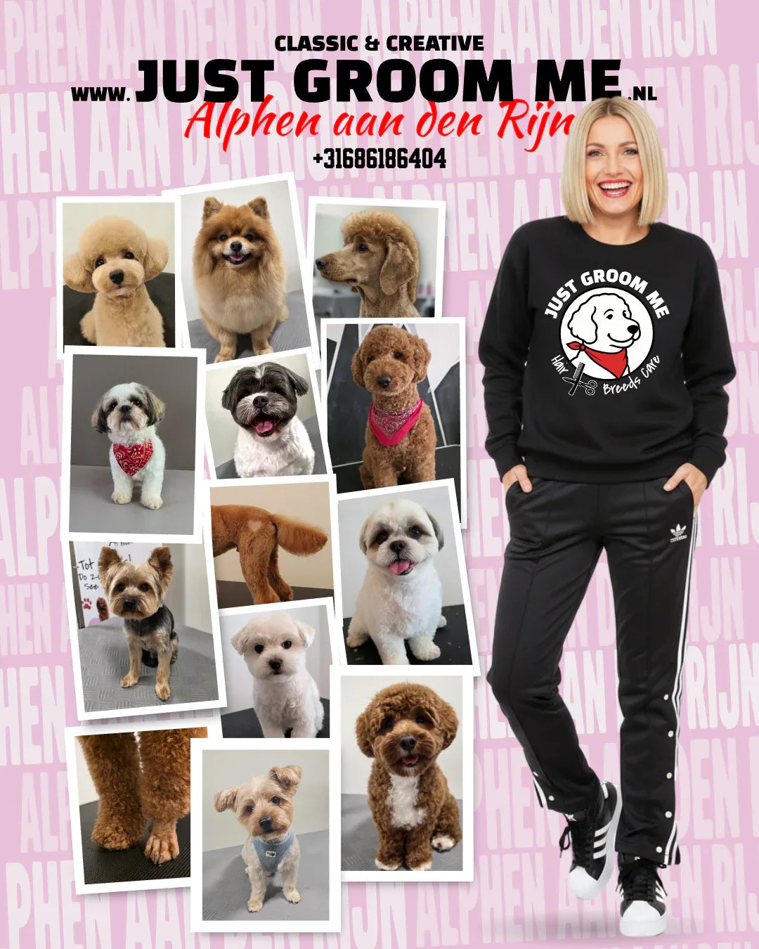 Woman wearing a 'Just Groom Me' sweatshirt with dog grooming photos on a pink background. Just Groom Me – Trimsalon Alphen aan den Rijn | Professional dog grooming & personalized pet apparel.