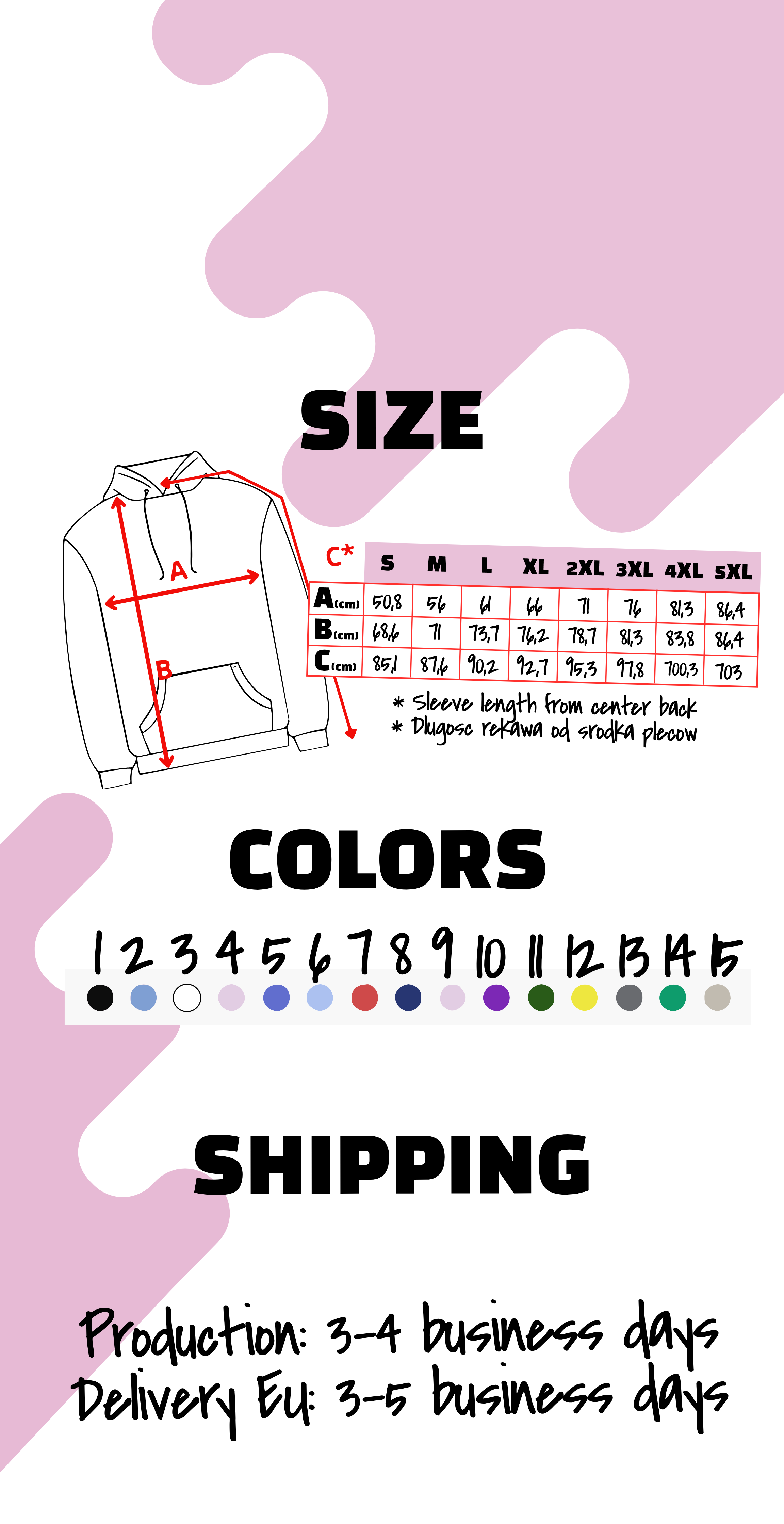 Product size chart, color swatches, and shipping information on a pink and white background. Just Groom Me – Trimsalon Alphen aan den Rijn | Professional dog grooming & personalized pet apparel.