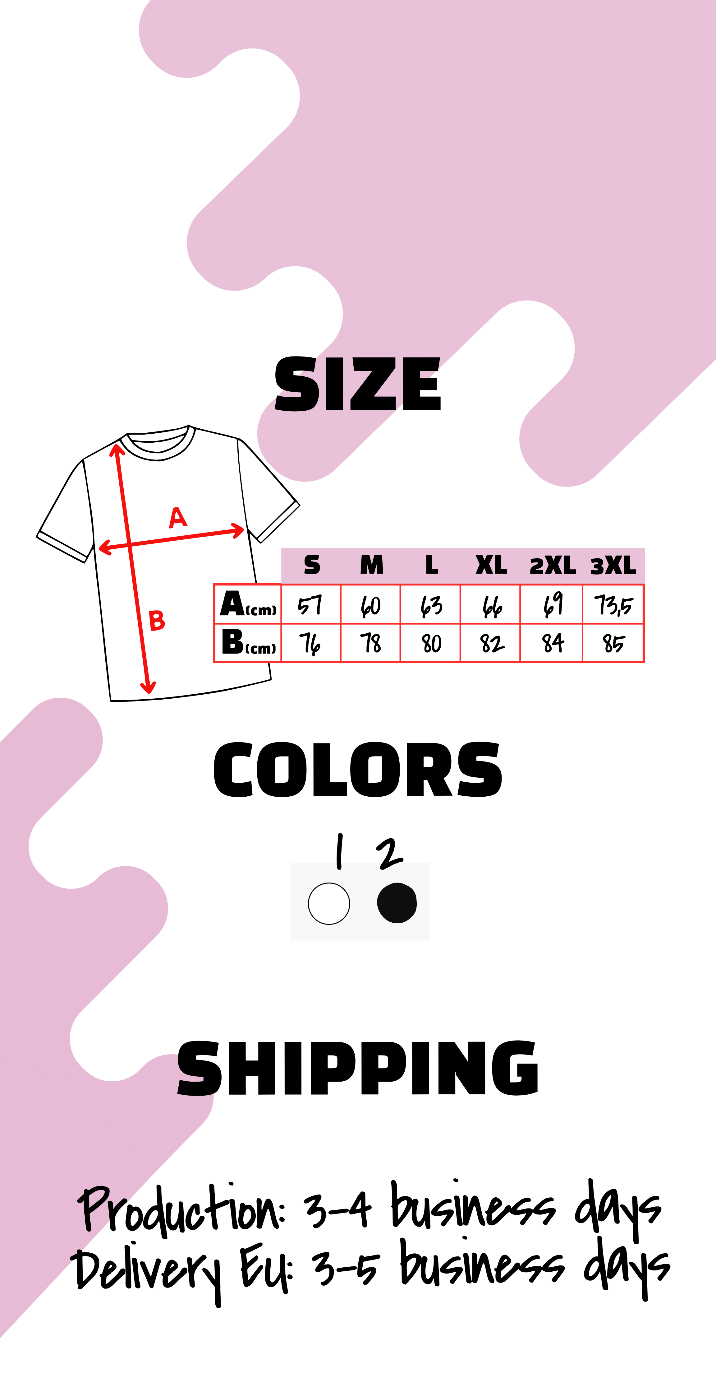 Size chart and color selection for a t-shirt with shipping information on a pink background. Just Groom Me – Trimsalon Alphen aan den Rijn | Professional dog grooming & personalized pet apparel.