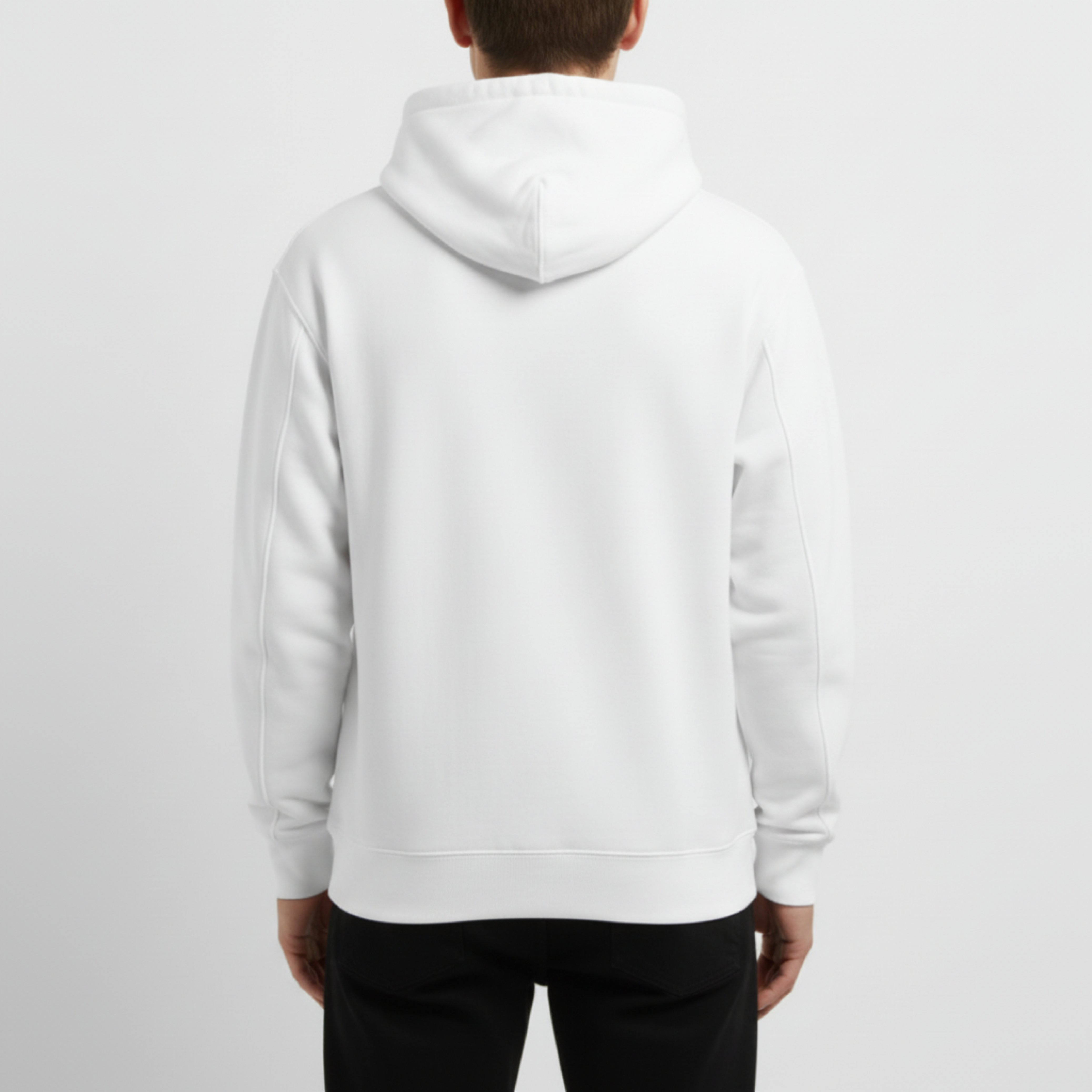 Person wearing a white hoodie on a plain background. Just Groom Me – Trimsalon Alphen aan den Rijn | Professional dog grooming & personalized pet apparel.
