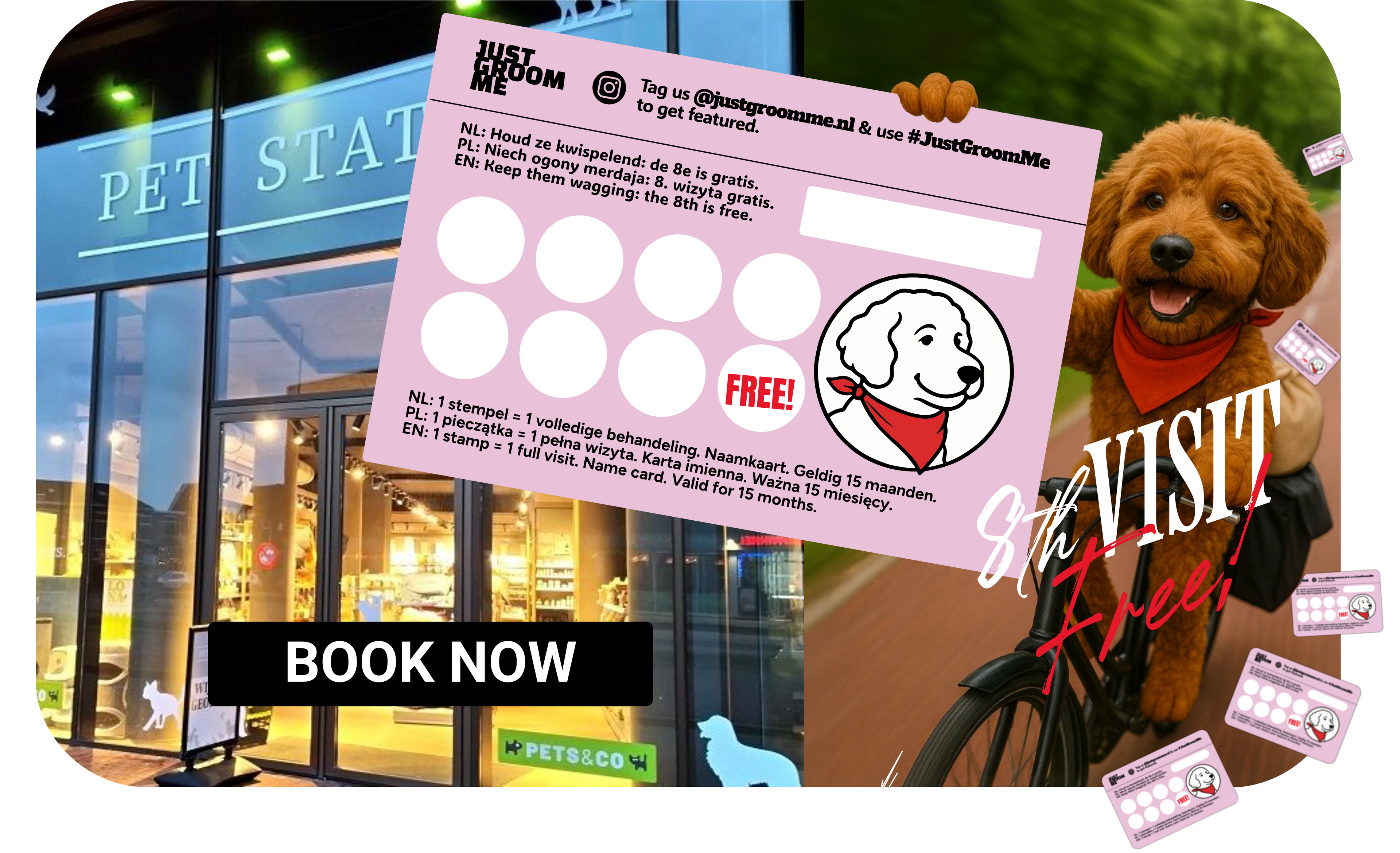 Promotional flyer for a pet store with a dog and text overlay. Just Groom Me – Trimsalon Alphen aan den Rijn | Professional dog grooming & personalized pet apparel.