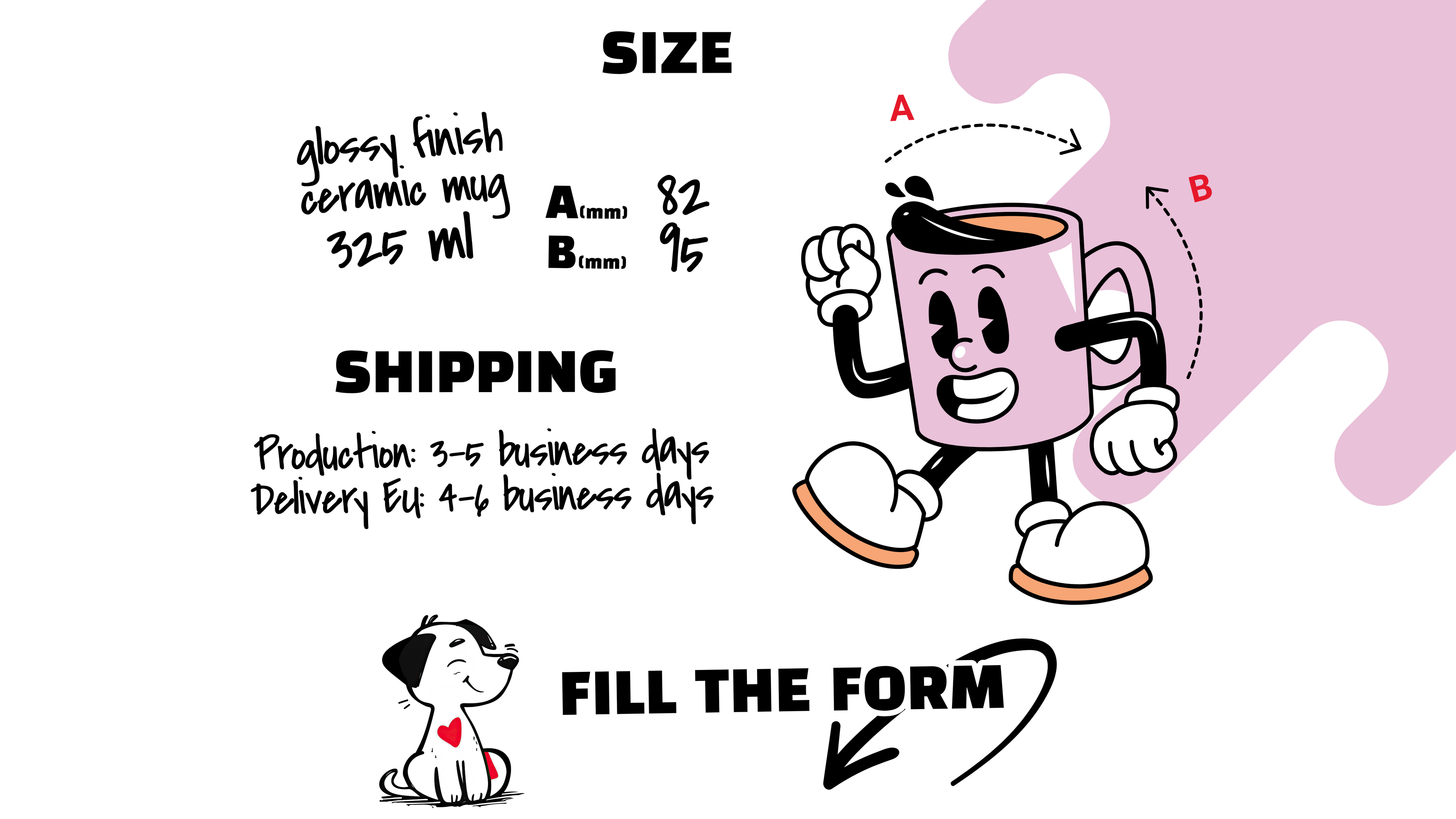 Cartoon character mug with product details on a white background. Just Groom Me – Trimsalon Alphen aan den Rijn | Professional dog grooming & personalized pet apparel.
