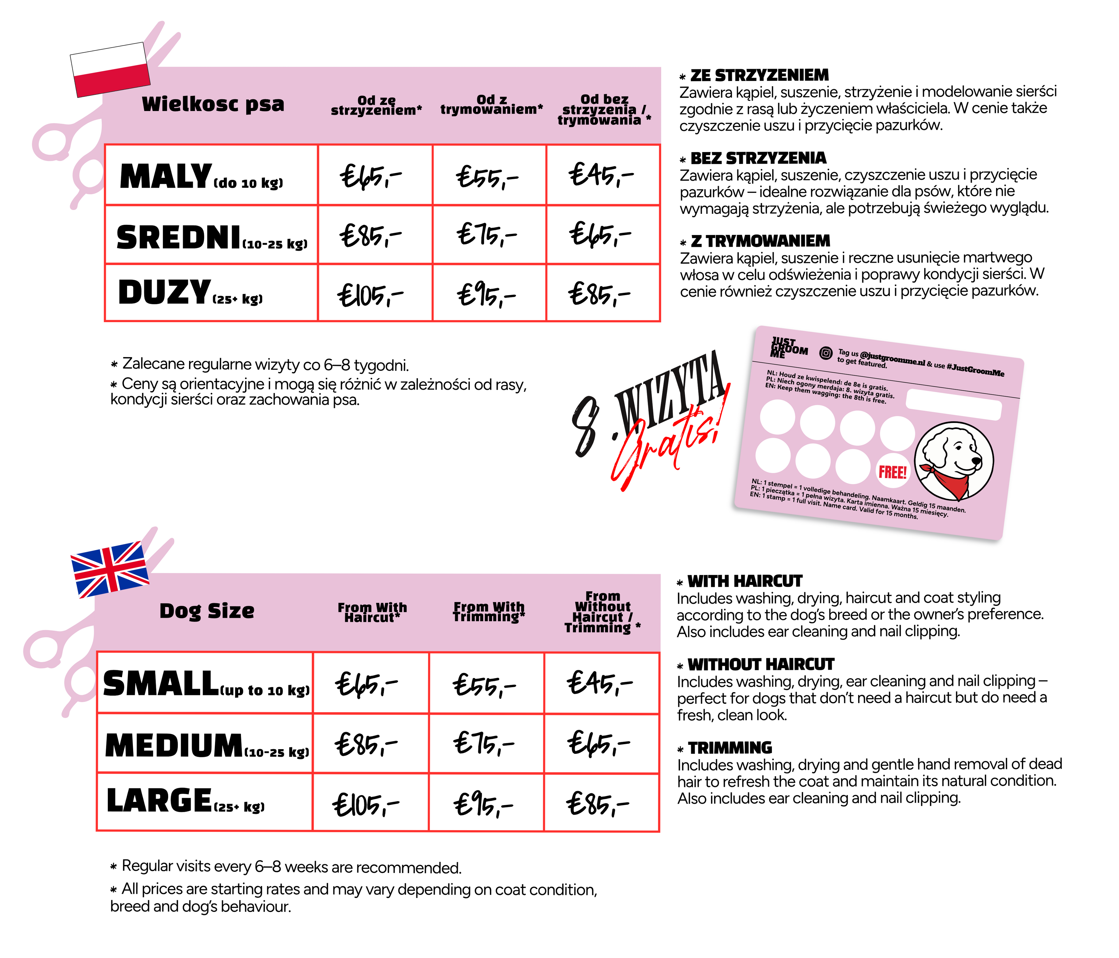 Price list for dog grooming services with size categories and pricing on a pink background. Just Groom Me – Trimsalon Alphen aan den Rijn | Professional dog grooming & personalized pet apparel.