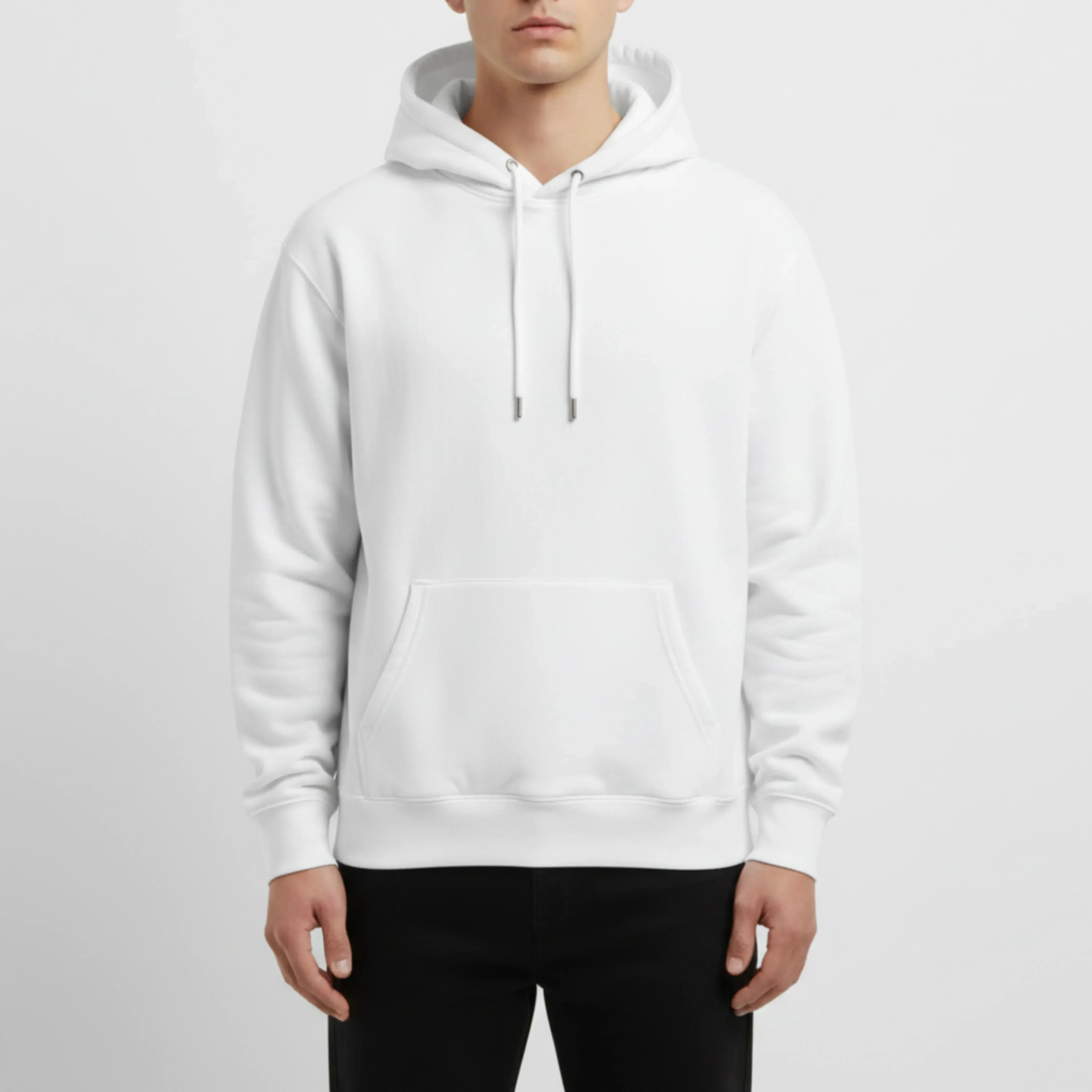 White hoodie worn by a person on a white background. Just Groom Me – Trimsalon Alphen aan den Rijn | Professional dog grooming & personalized pet apparel.