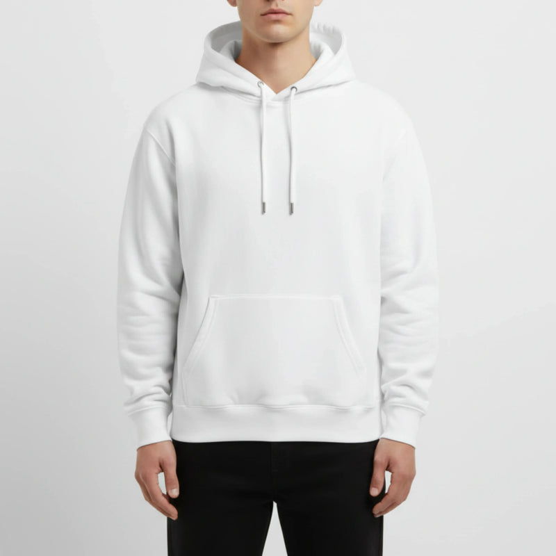 White hoodie worn by a person on a white background. Just Groom Me – Trimsalon Alphen aan den Rijn | Professional dog grooming & personalized pet apparel.