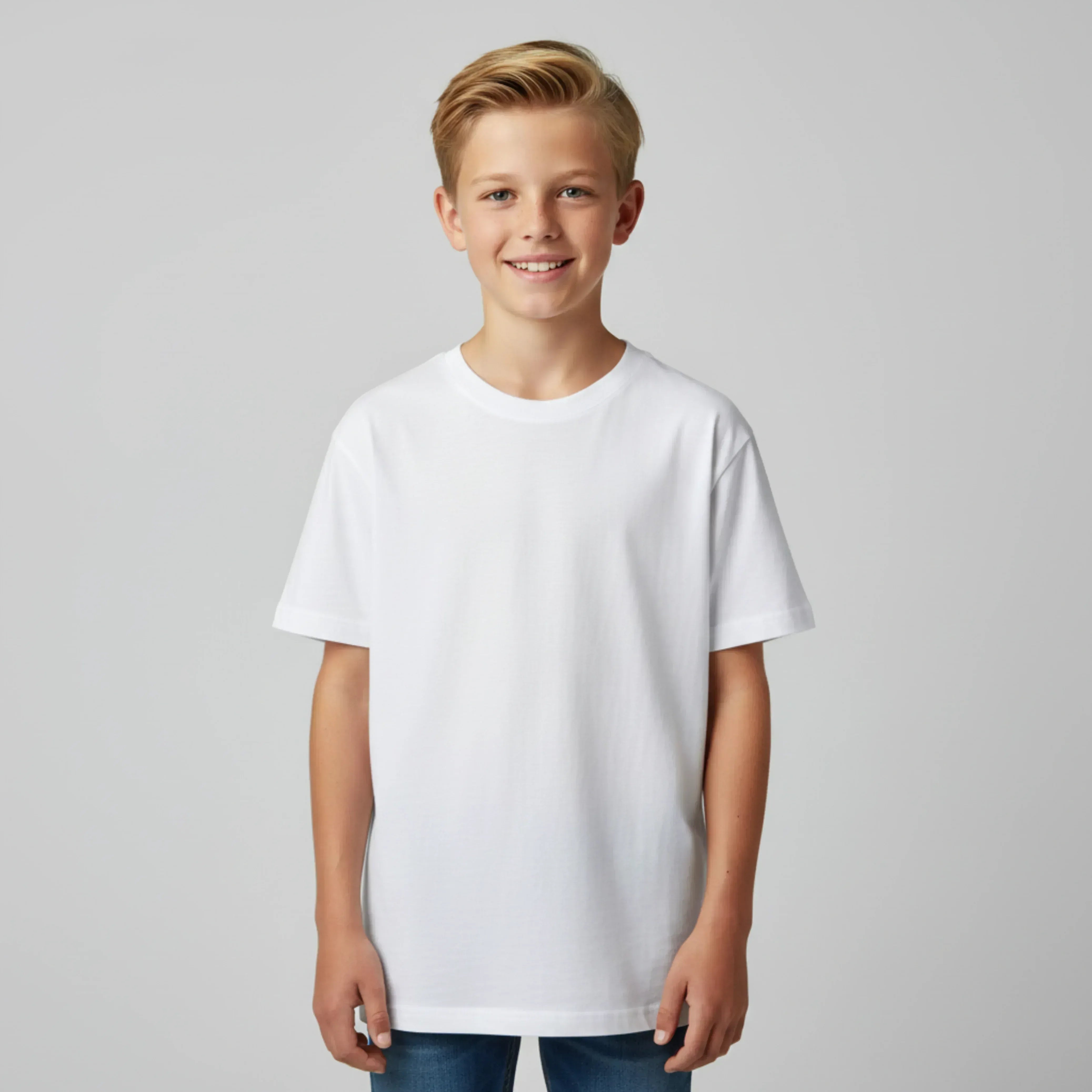 Young boy wearing a plain white t-shirt against a light gray background. Just Groom Me – Trimsalon Alphen aan den Rijn | Professional dog grooming & personalized pet apparel.