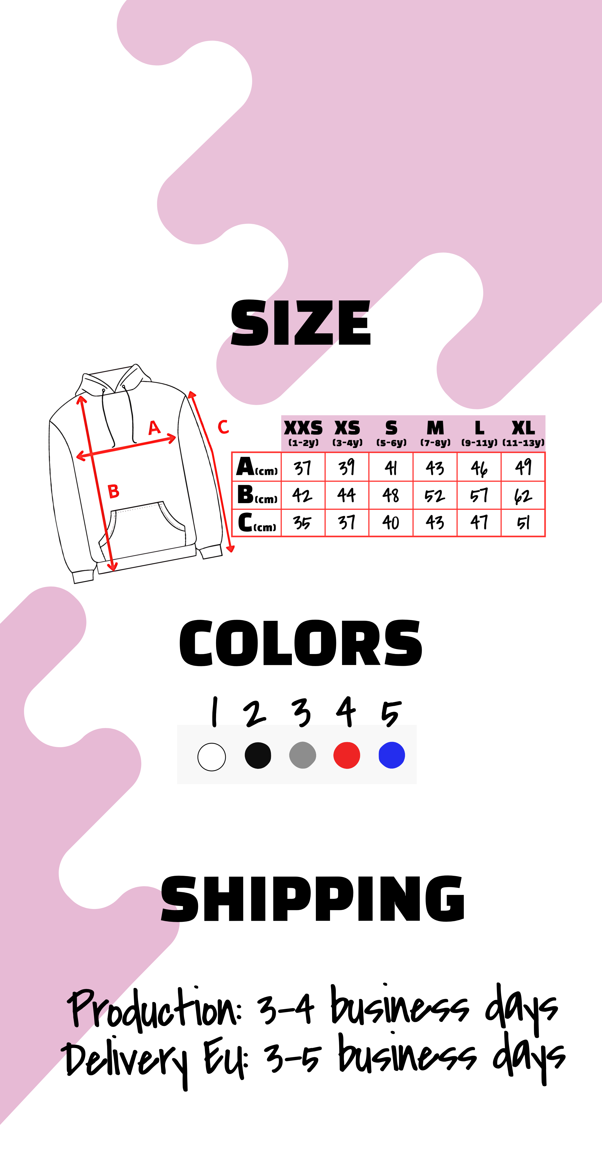 Size chart, color options, and shipping information for a product on a pink background. Just Groom Me – Trimsalon Alphen aan den Rijn | Professional dog grooming & personalized pet apparel.