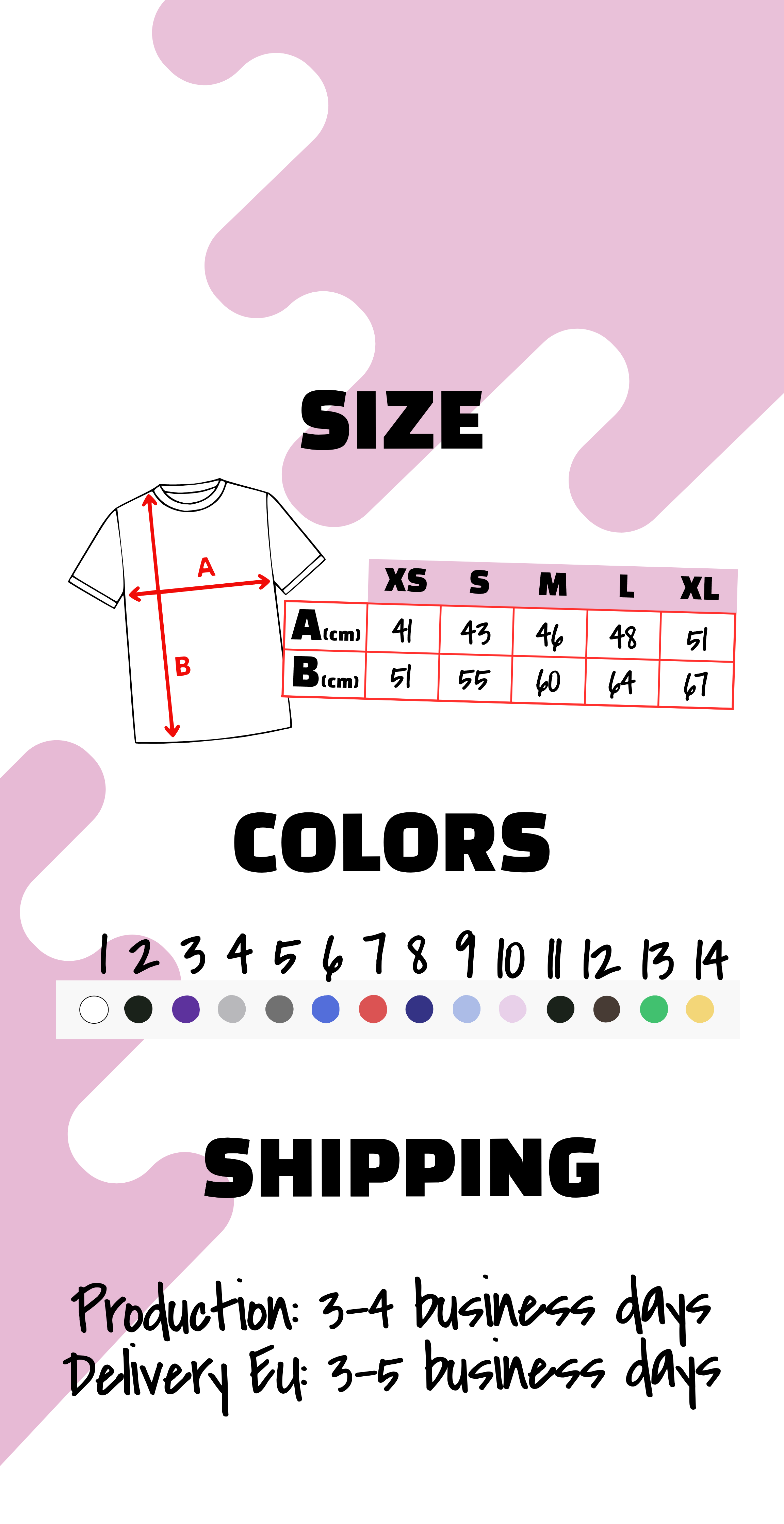 Size chart, color swatches, and shipping information on a pink background. Just Groom Me – Trimsalon Alphen aan den Rijn | Professional dog grooming & personalized pet apparel.