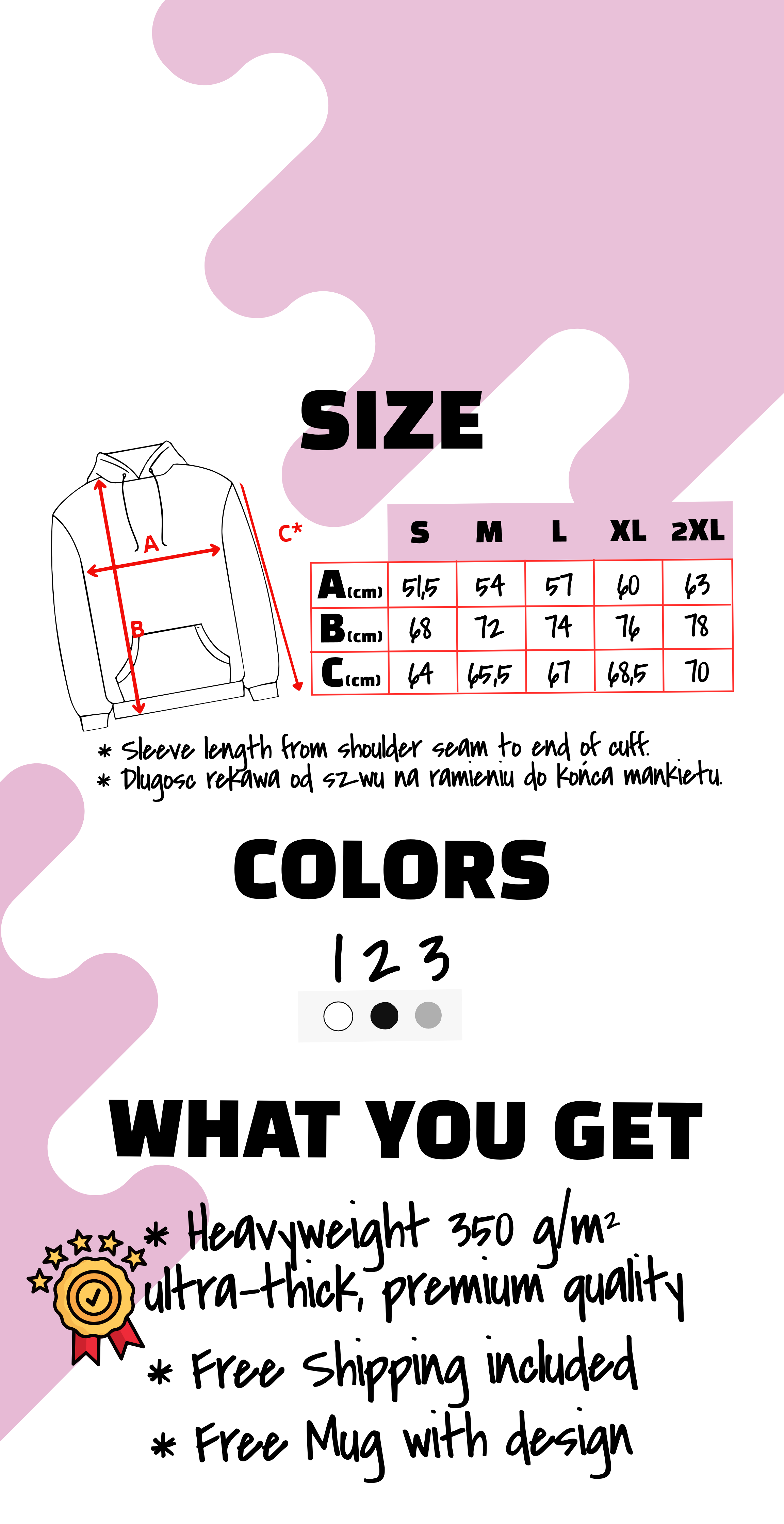 Product packaging with size chart, color options, and promotional text on a pink background. Just Groom Me – Trimsalon Alphen aan den Rijn | Professional dog grooming & personalized pet apparel.