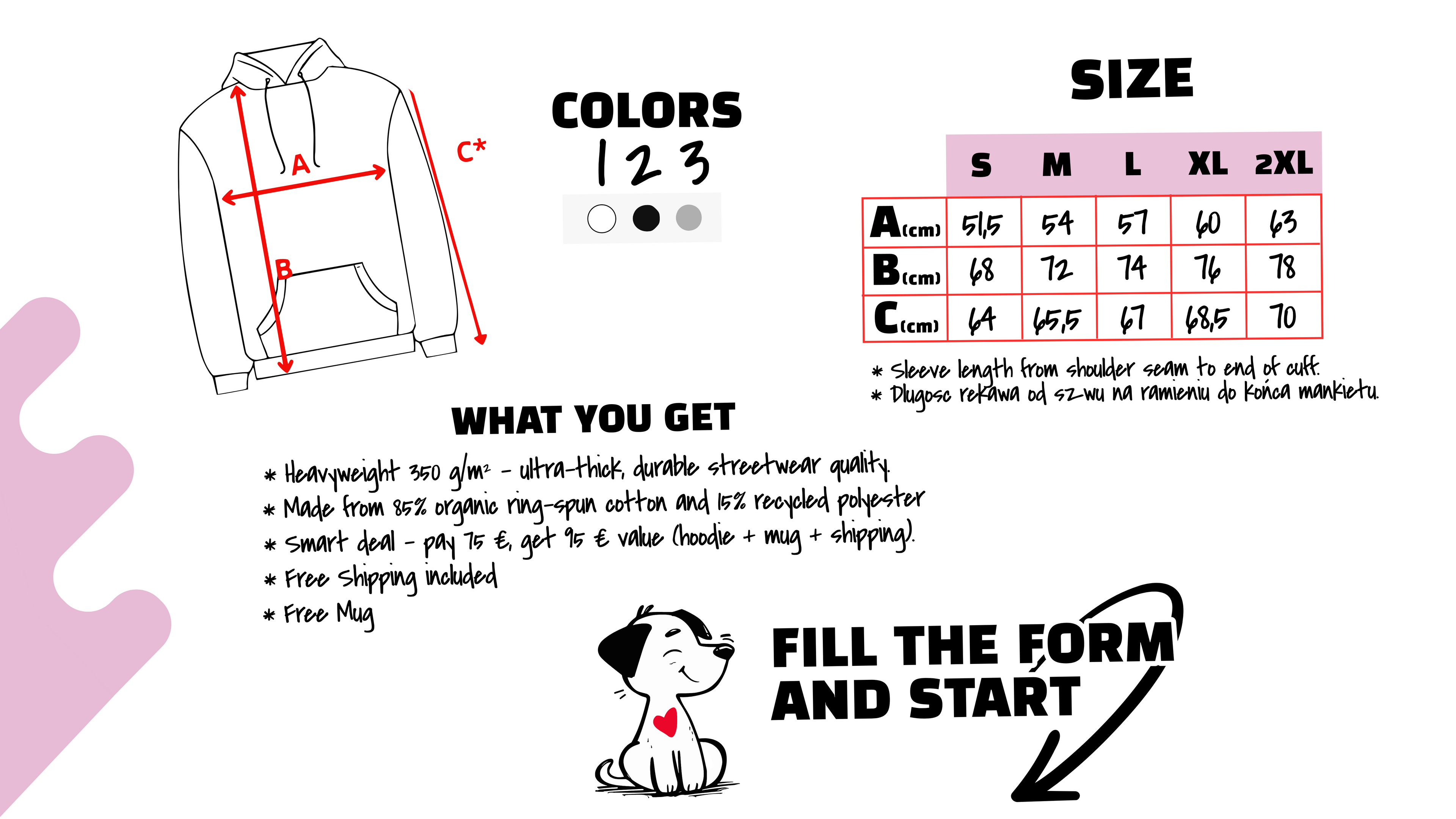 Product information sheet with a hoodie design, color options, size chart, and promotional text. Just Groom Me – Trimsalon Alphen aan den Rijn | Professional dog grooming & personalized pet apparel.