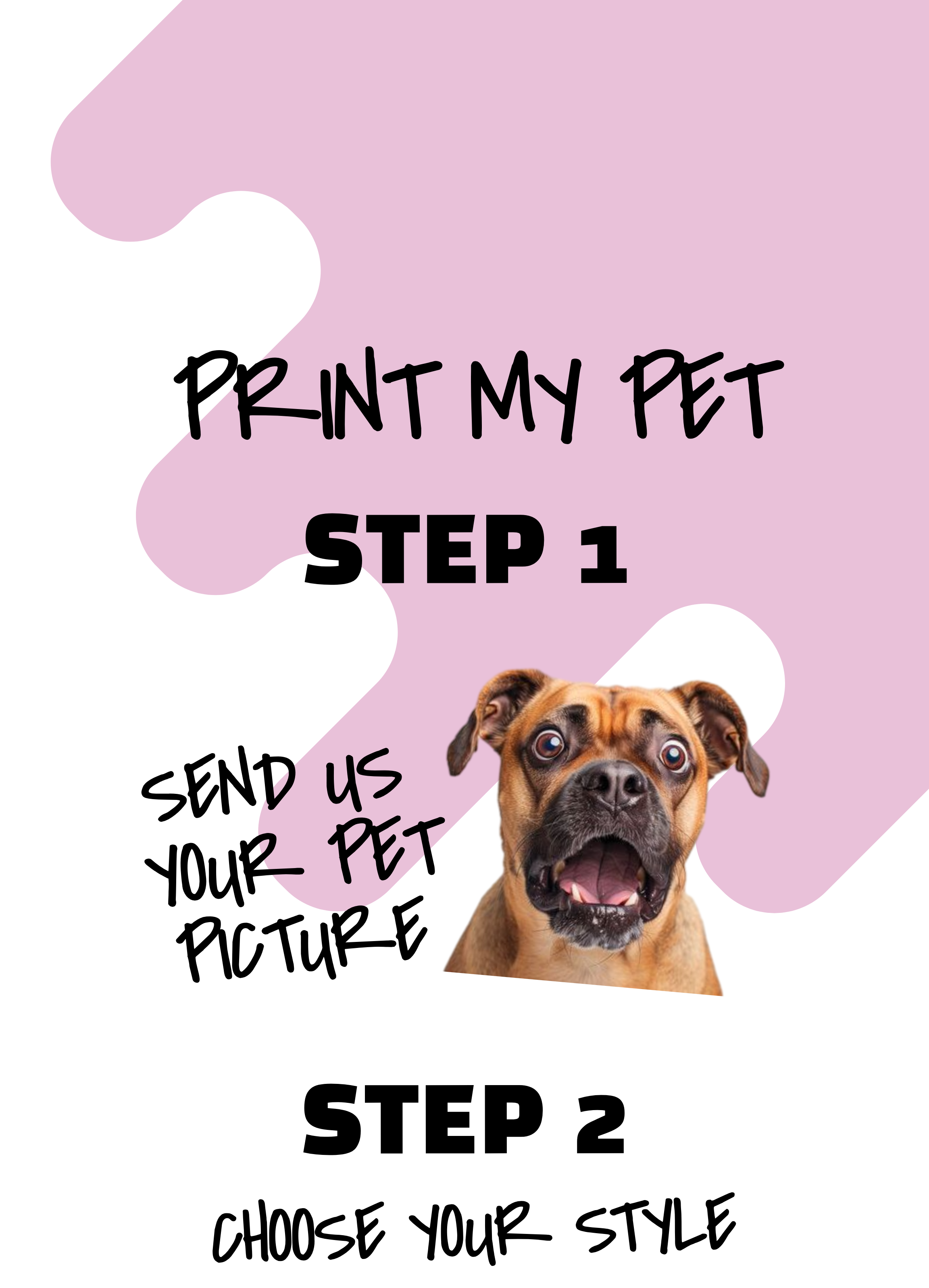 Promotional graphic for 'Print My Pet' service with a dog illustration and text instructions. Just Groom Me – Trimsalon Alphen aan den Rijn | Professional dog grooming & personalized pet apparel.