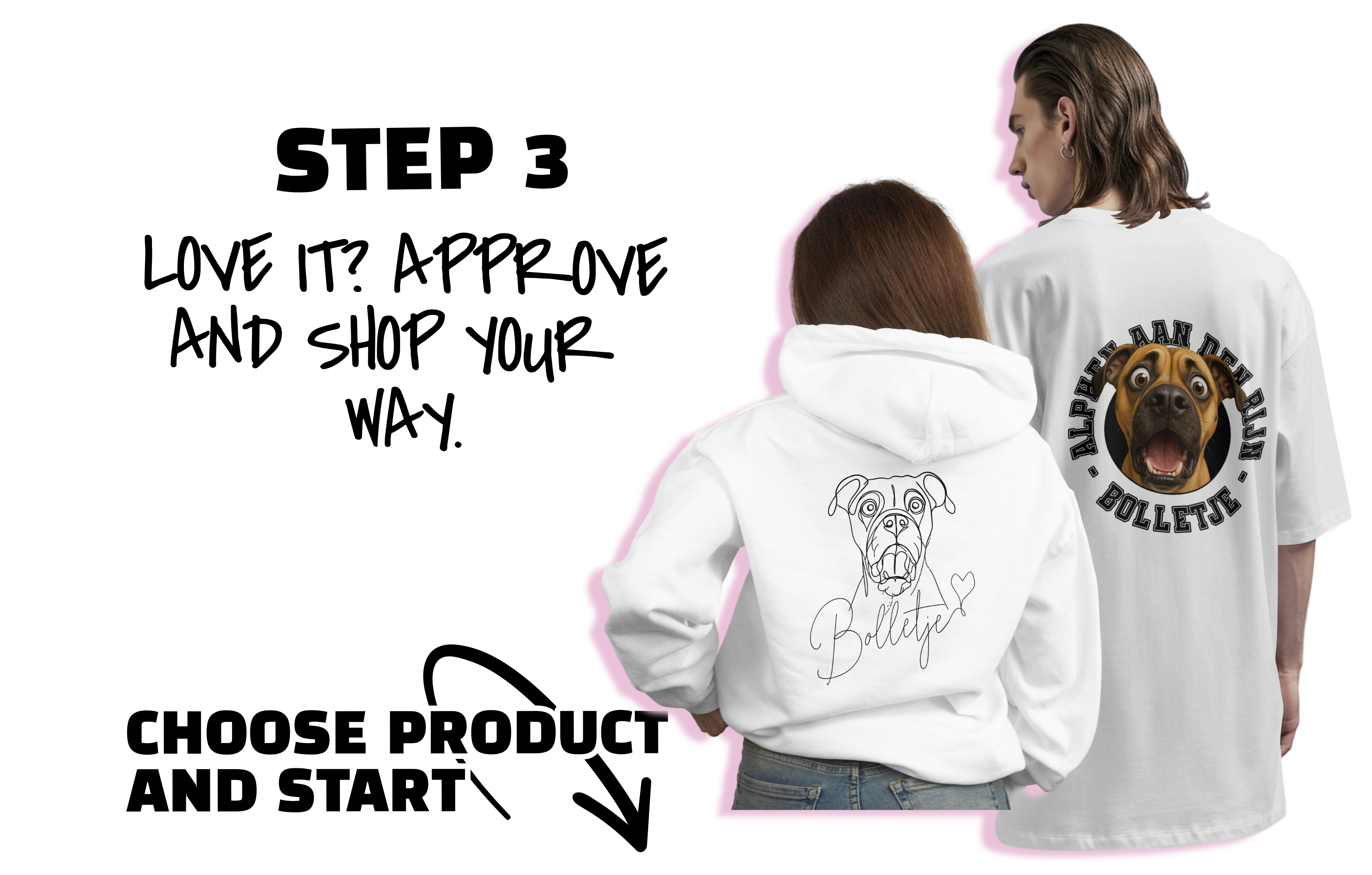 Two people wearing white hoodies with dog illustrations on a white background. Just Groom Me – Trimsalon Alphen aan den Rijn | Professional dog grooming & personalized pet apparel.