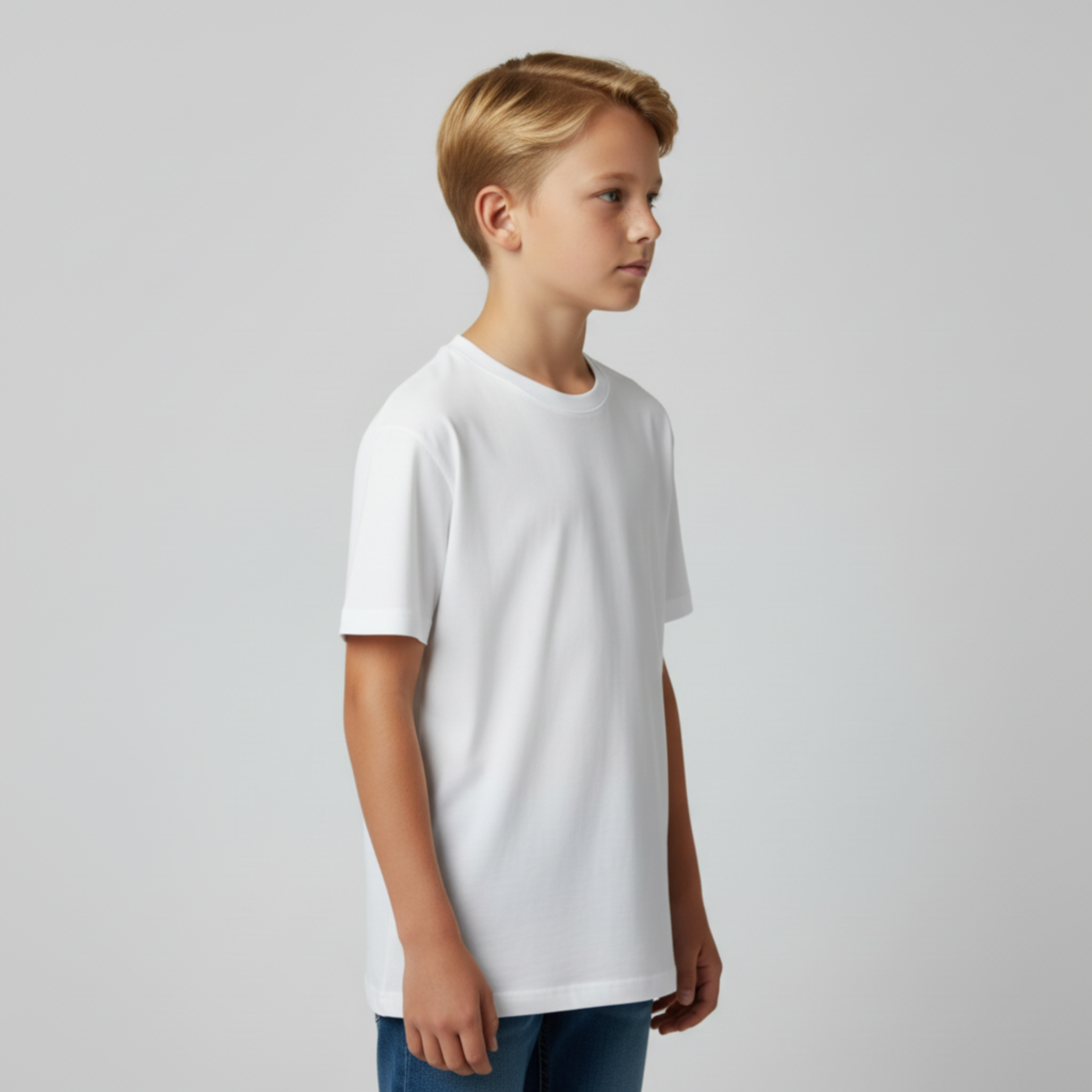 Young boy wearing a plain white t-shirt on a light gray background. Just Groom Me – Trimsalon Alphen aan den Rijn | Professional dog grooming & personalized pet apparel.