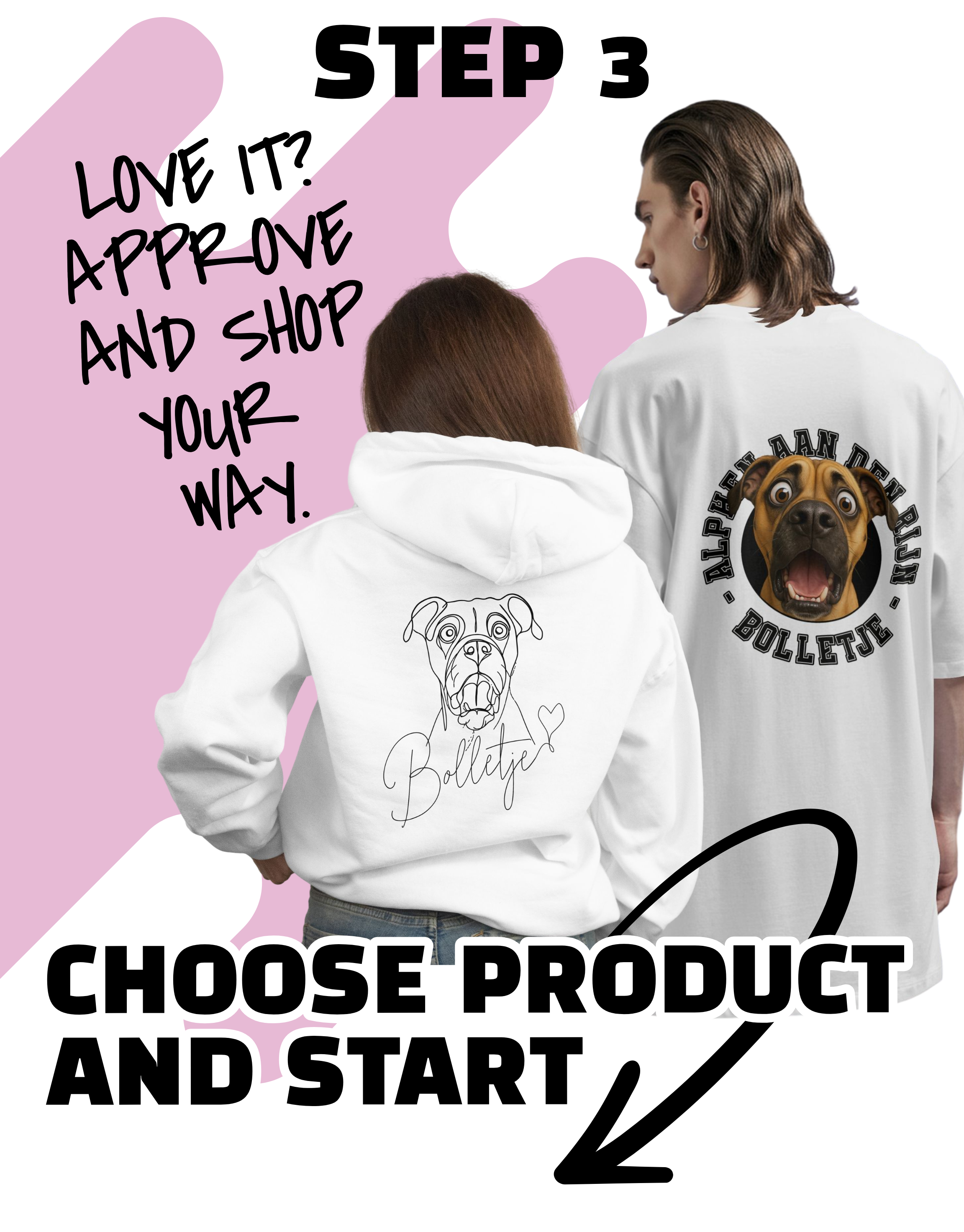 Two people wearing white hoodies with dog illustrations and text on a pink and white background. Just Groom Me – Trimsalon Alphen aan den Rijn | Professional dog grooming & personalized pet apparel.