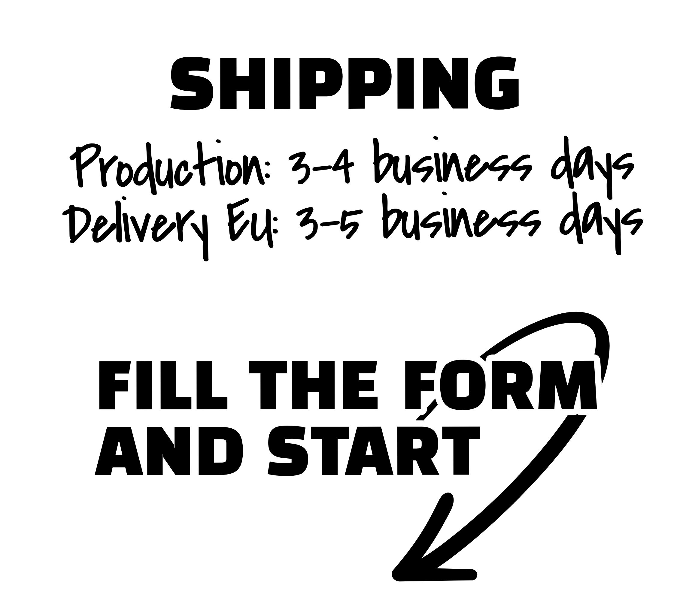 Text indicating shipping information and a call to action on a white background