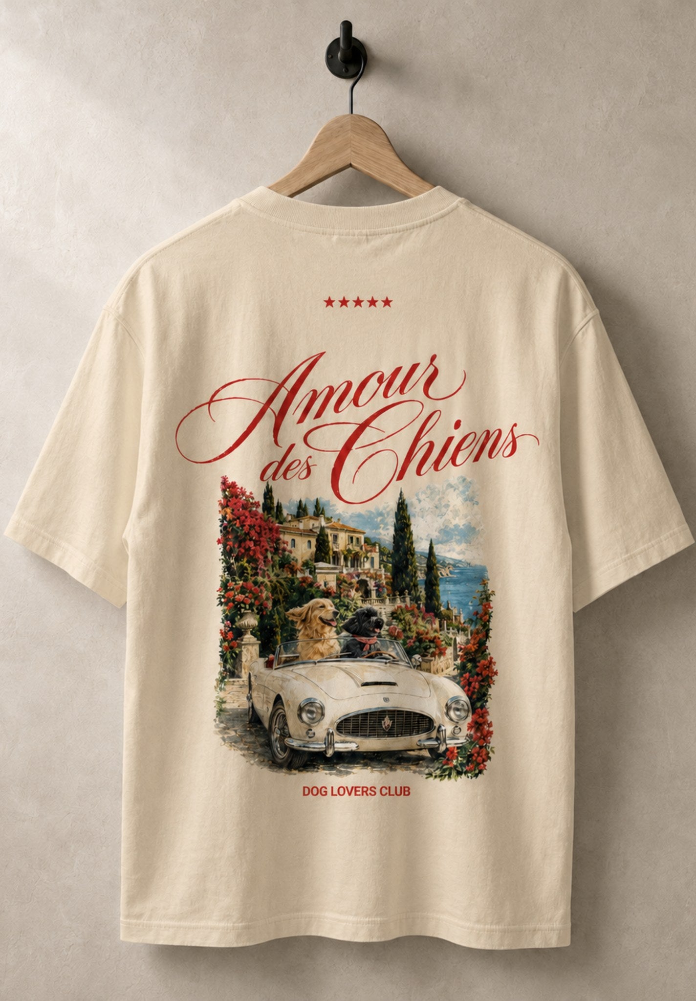 Amour des Chiens t-shirt in Sand on a wooden hanger — vintage Riviera back print
