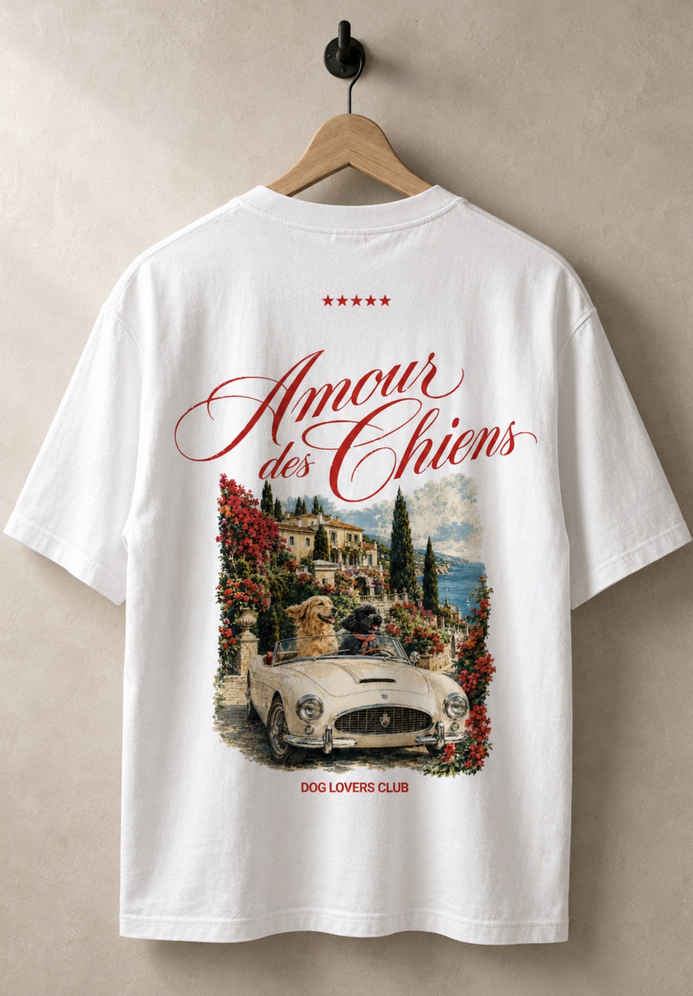 Amour des Chiens t-shirt in White on a wooden hanger — vintage Riviera back print