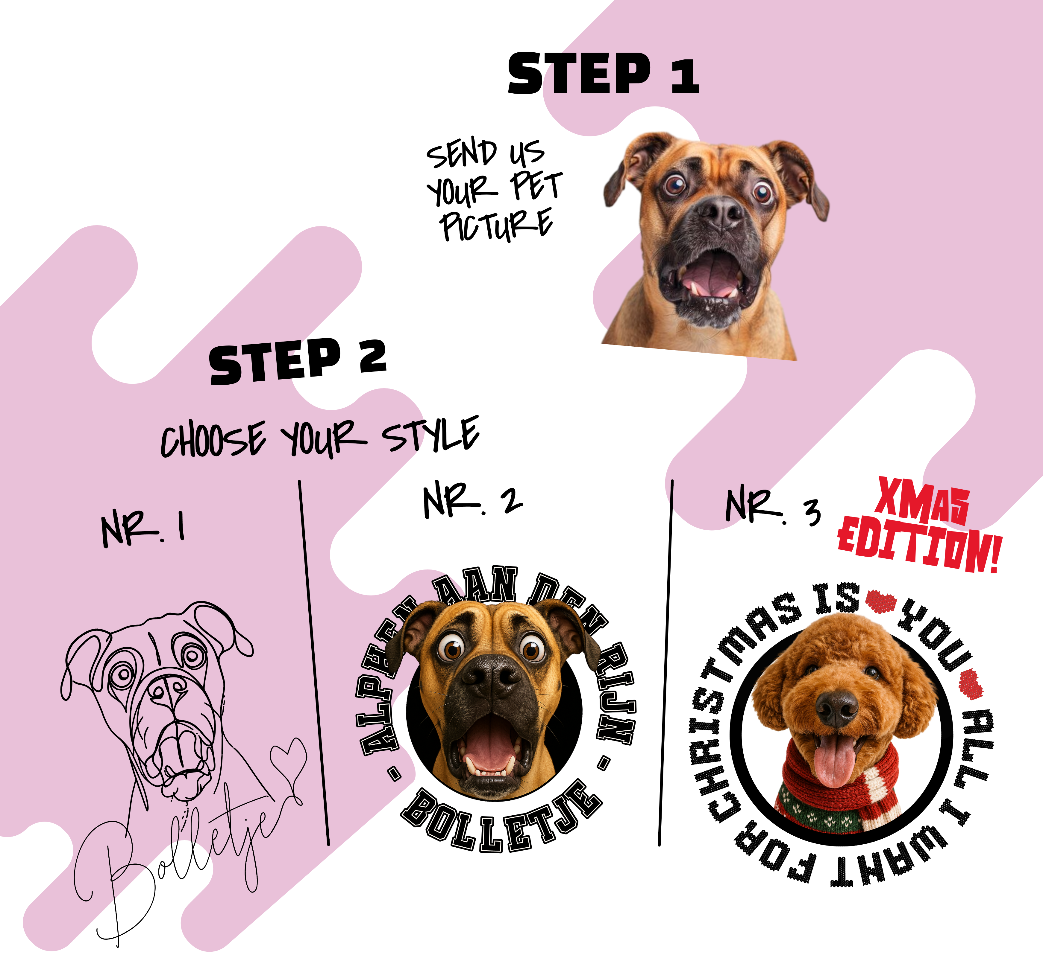 Instructions for customizing a pet portrait with different styles on a pink background. Just Groom Me – Trimsalon Alphen aan den Rijn | Professional dog grooming & personalized pet apparel.