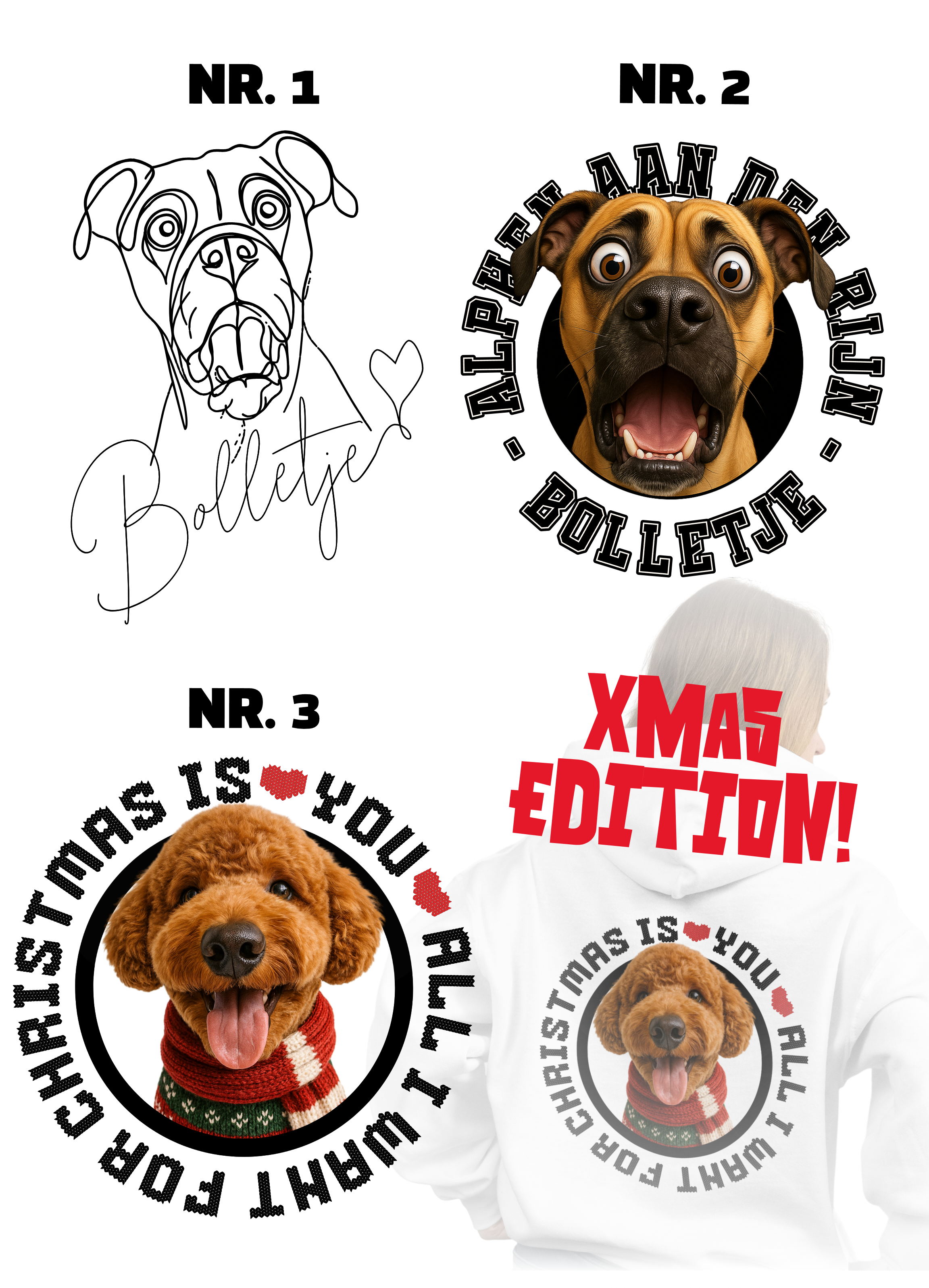 Four dog-themed t-shirt designs with different text and graphics on a white background. Just Groom Me – Trimsalon Alphen aan den Rijn | Professional dog grooming & personalized pet apparel.