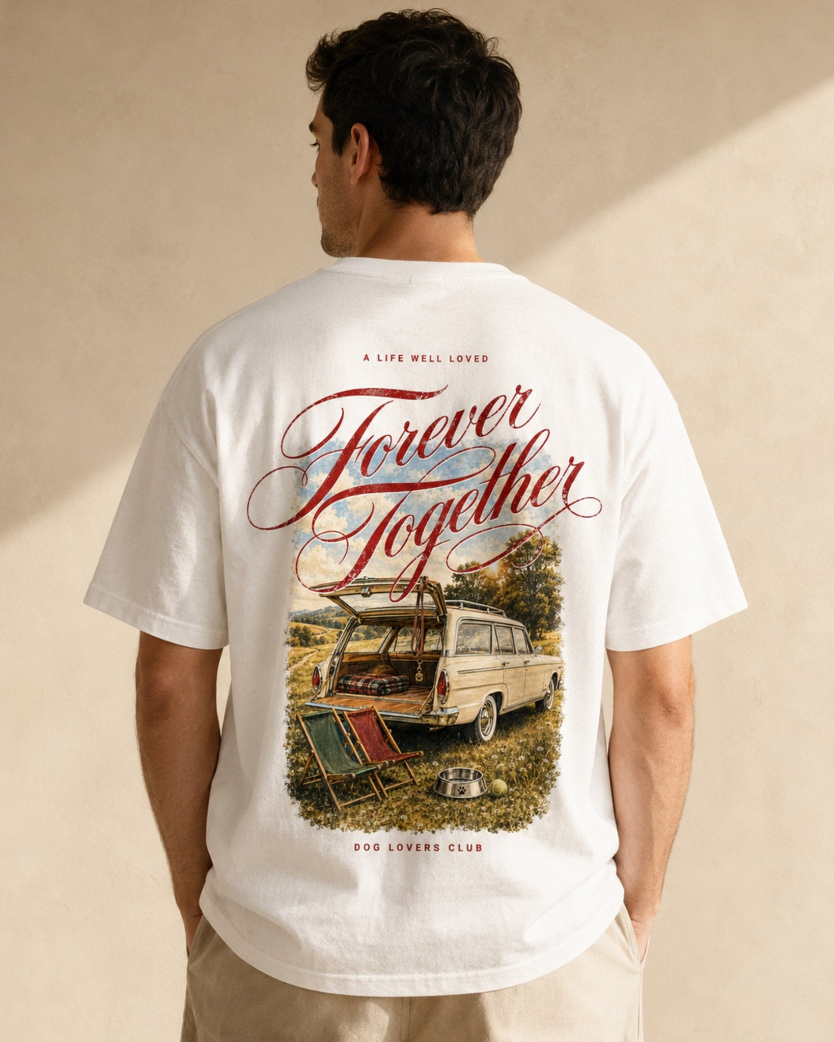 Man wearing Forever Together white oversized t-shirt, back view