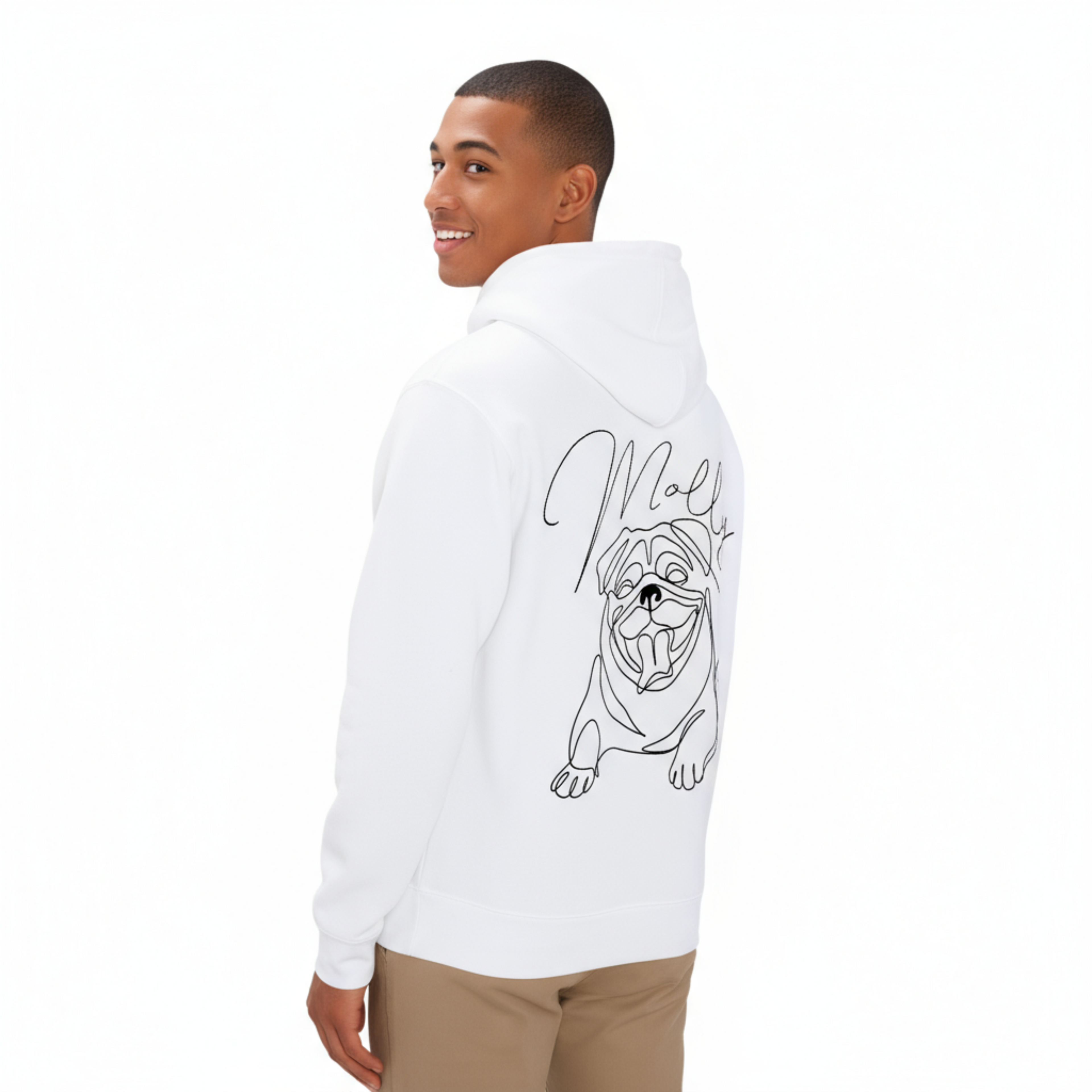 Luxe unisex hoodie met gepersonaliseerde hondenillustratie