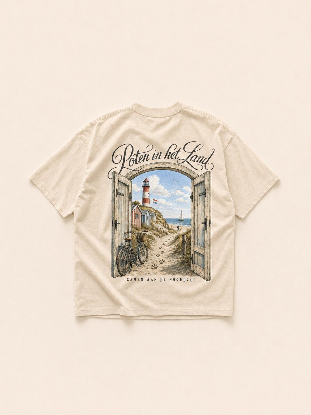Poten in het Land t-shirt in Sand — flat mockup, back print