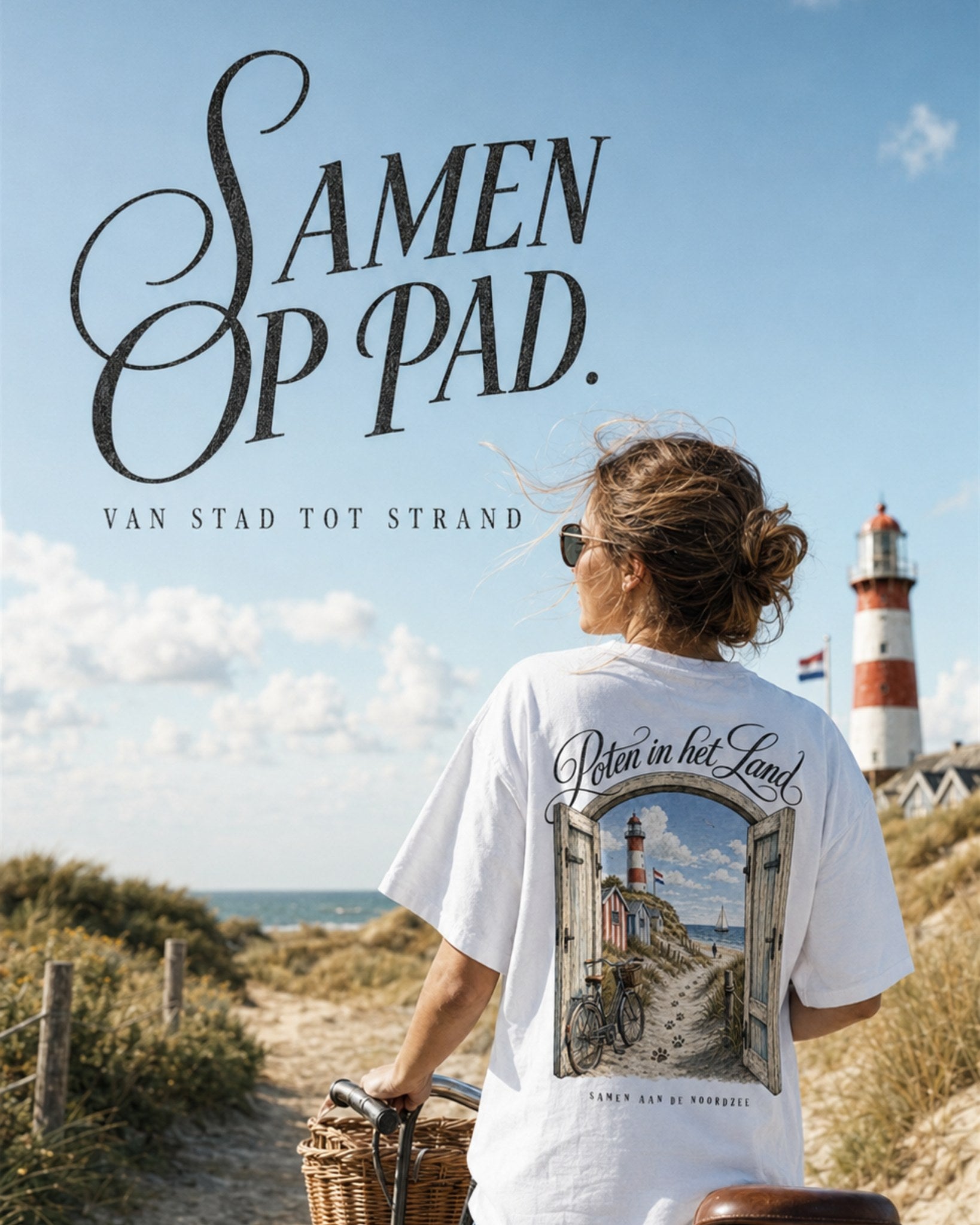 Poten in het Land t-shirt — Samen op pad lifestyle shot with lighthouse and beach path