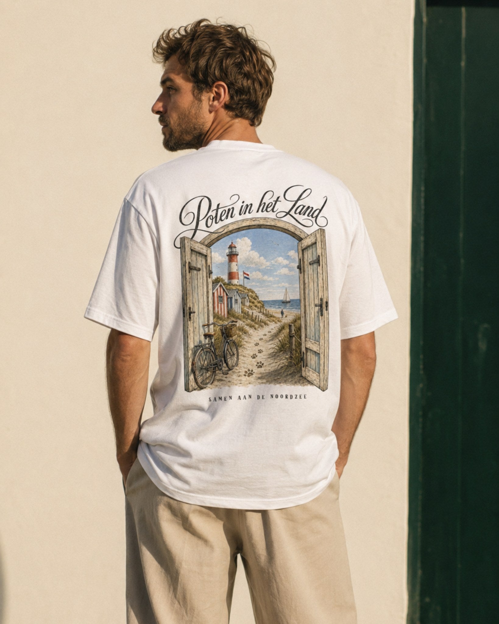 Man wearing Poten in het Land white oversized t-shirt, back view